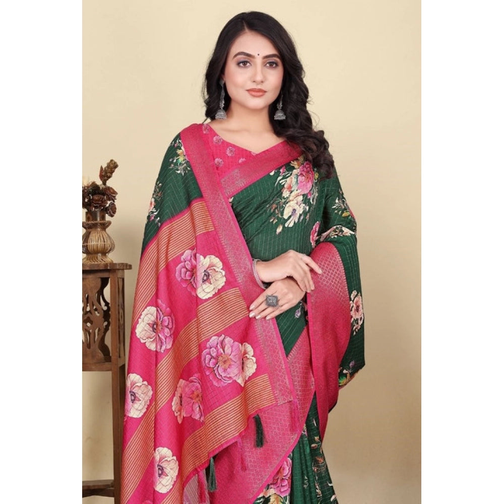 Women'S Cotton Blend Floral Printed Saree With Unstitched Blou