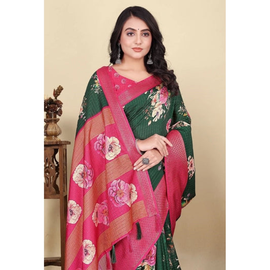 Women'S Cotton Blend Floral Printed Saree With Unstitched Blou