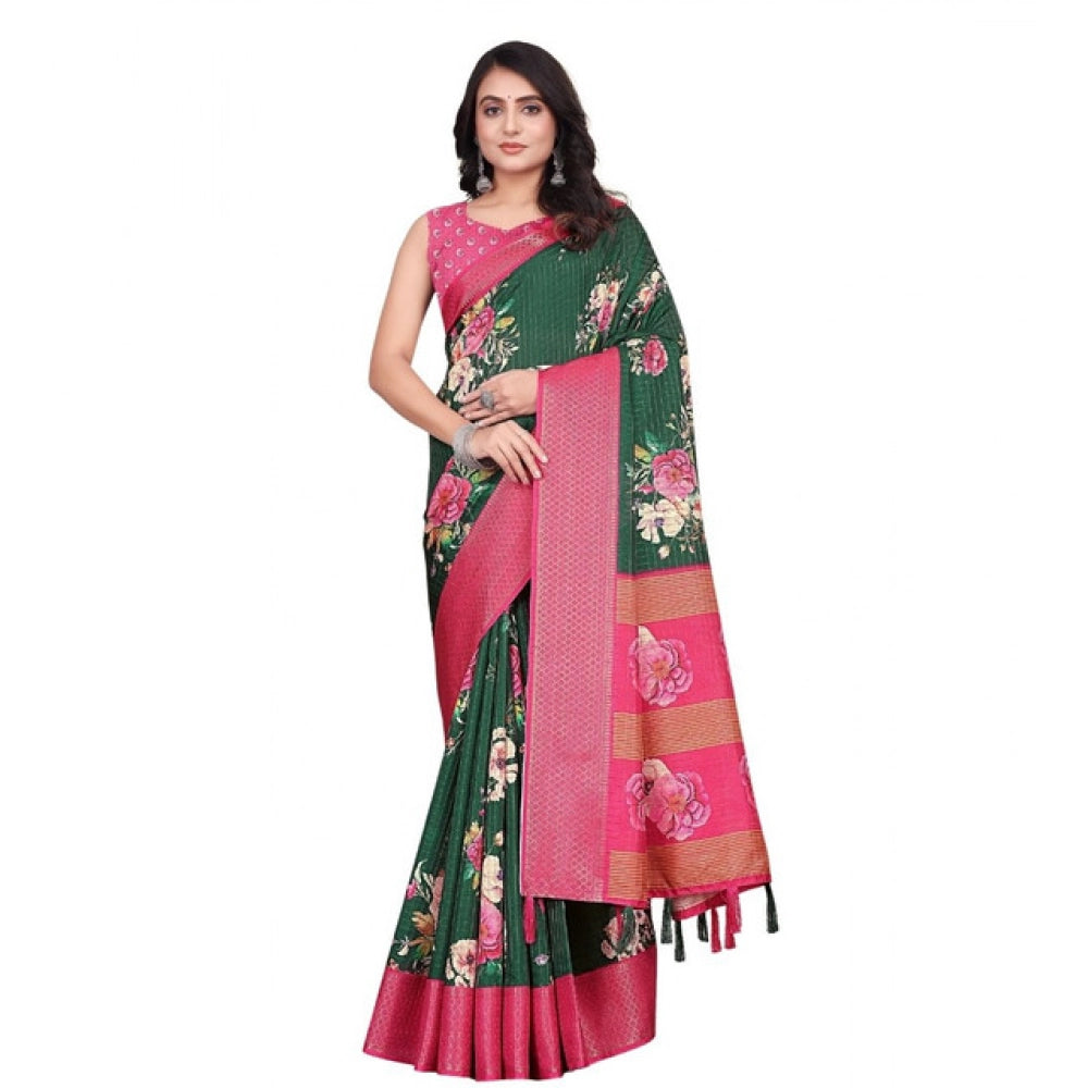 Women'S Cotton Blend Floral Printed Saree With Unstitched Blou