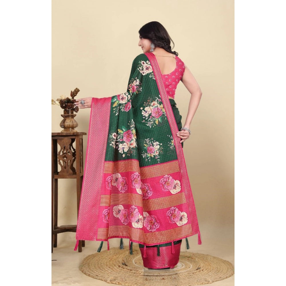 Women'S Cotton Blend Floral Printed Saree With Unstitched Blou