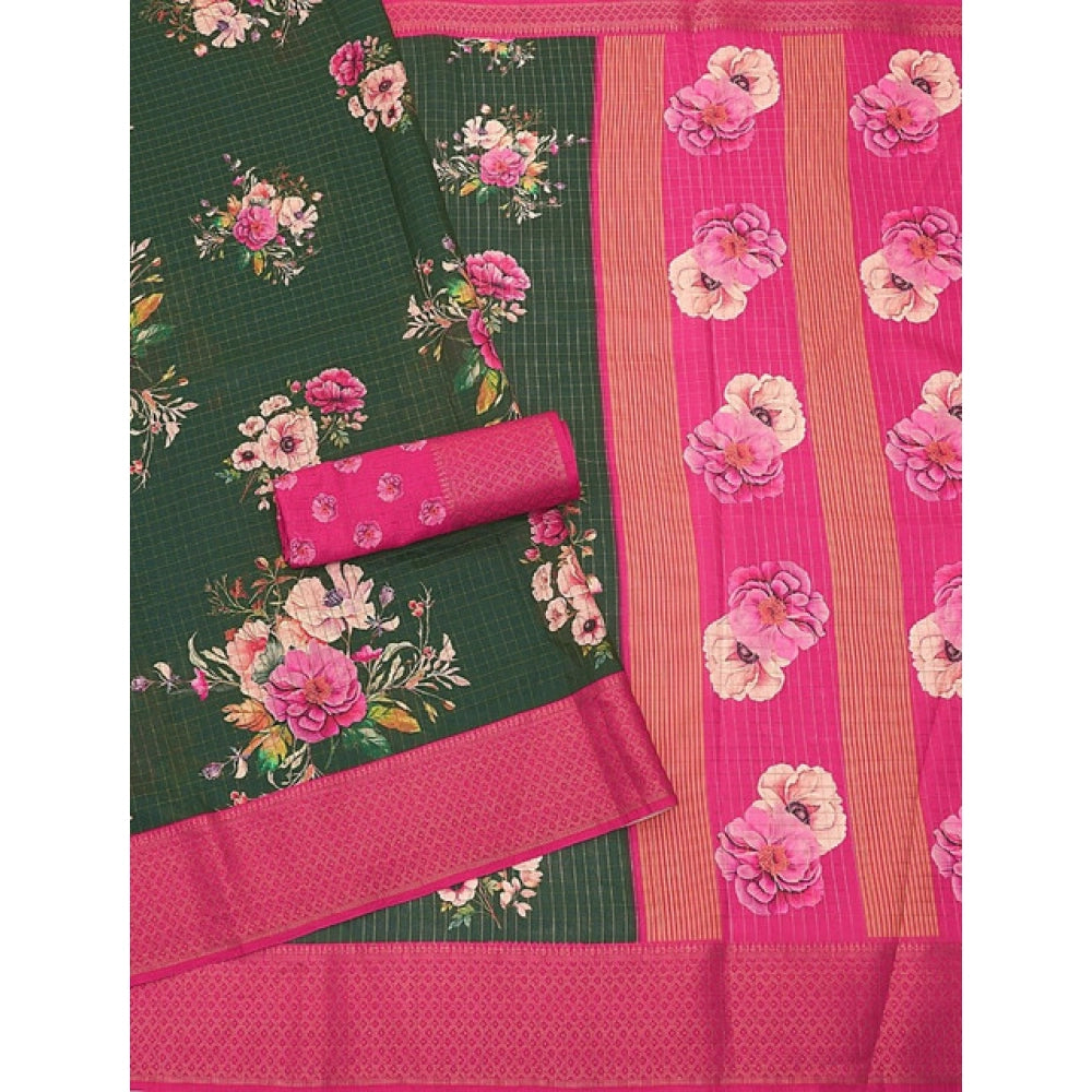 Women'S Cotton Blend Floral Printed Saree With Unstitched Blou