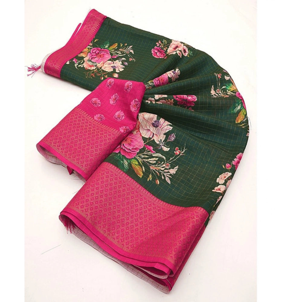Women'S Cotton Blend Floral Printed Saree With Unstitched Blou