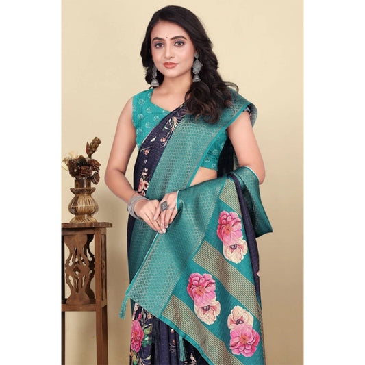 Women'S Cotton Blend Floral Printed Saree With Unstitched Blou