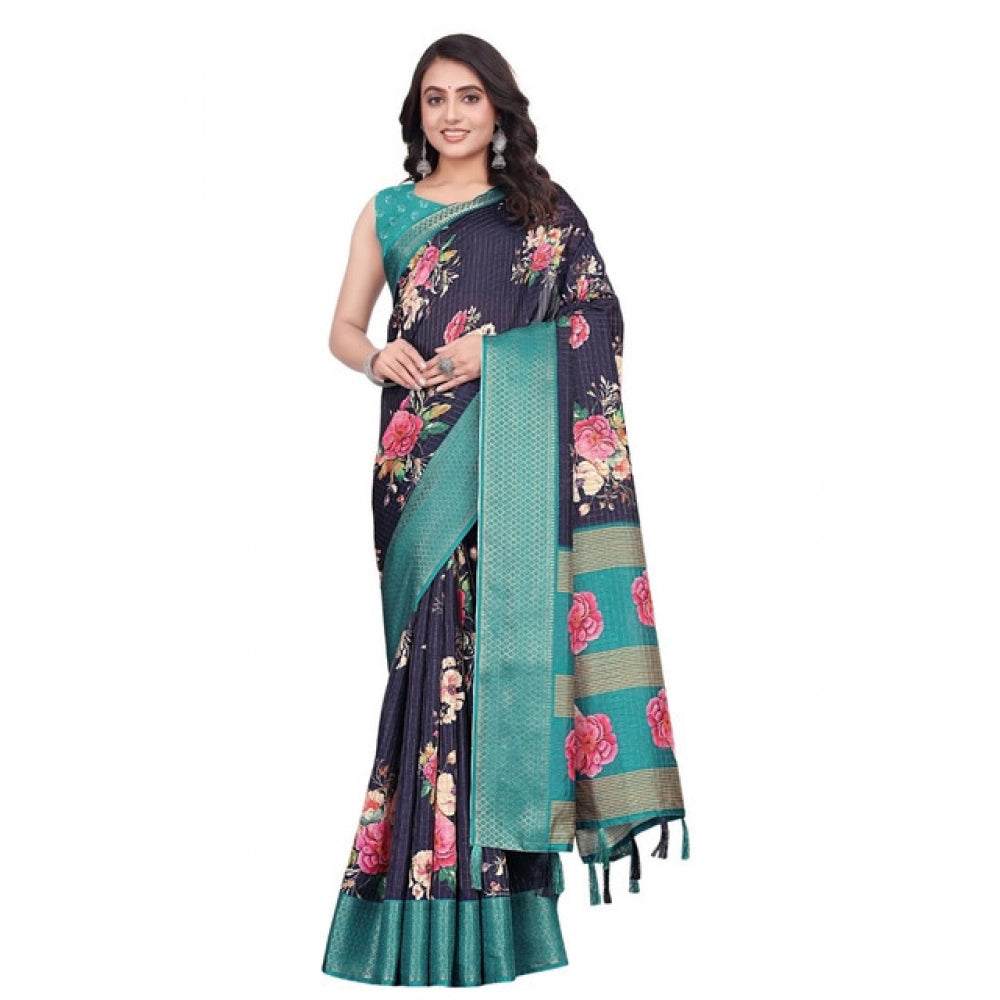 Women'S Cotton Blend Floral Printed Saree With Unstitched Blou