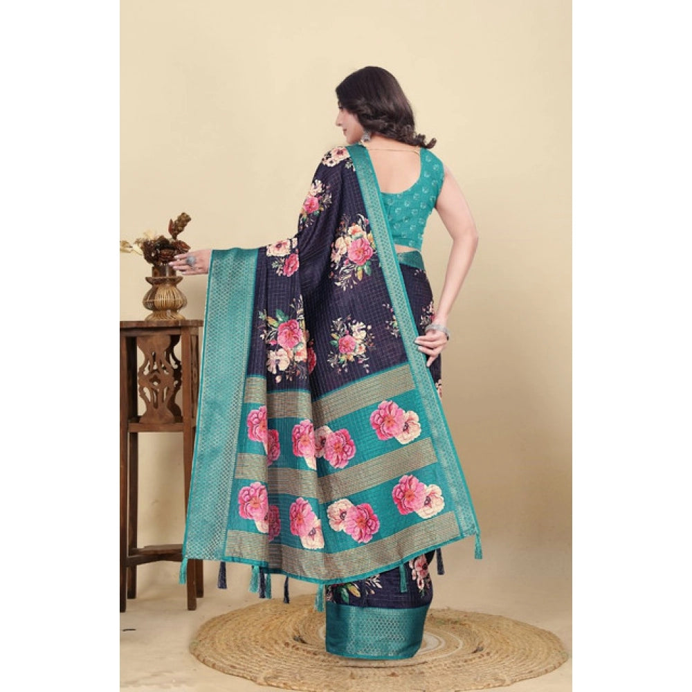 Women'S Cotton Blend Floral Printed Saree With Unstitched Blou