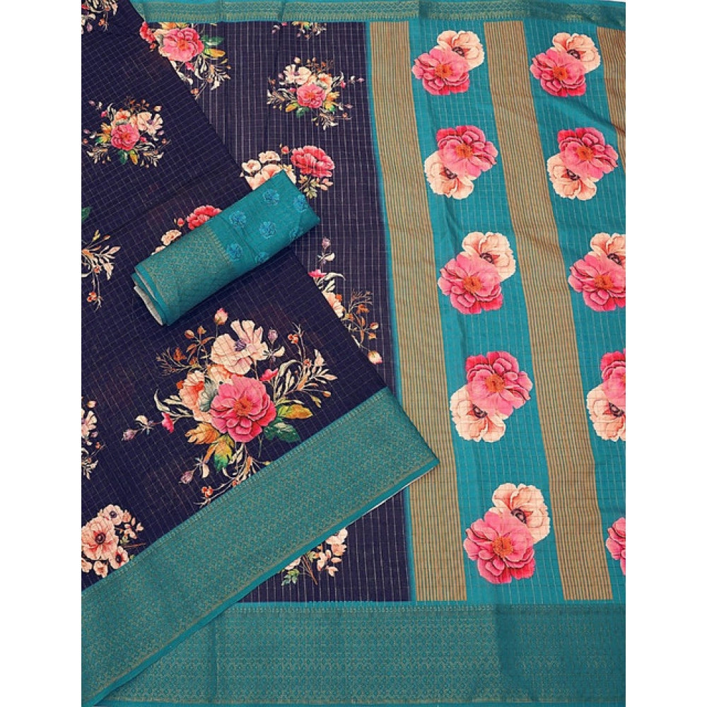 Women'S Cotton Blend Floral Printed Saree With Unstitched Blou