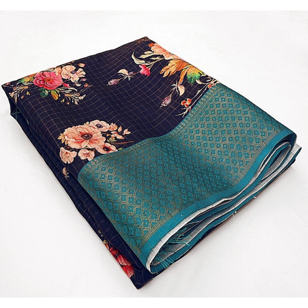 Women'S Cotton Blend Floral Printed Saree With Unstitched Blou