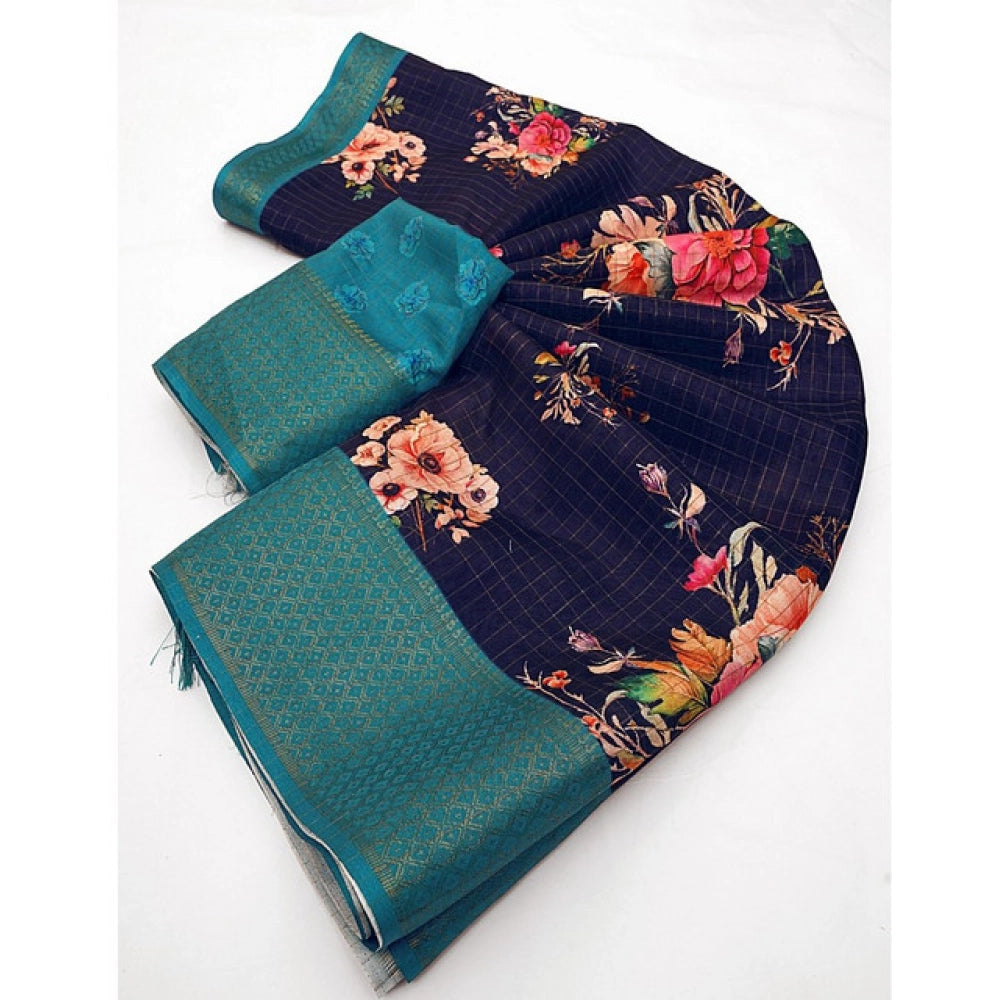 Women'S Cotton Blend Floral Printed Saree With Unstitched Blou