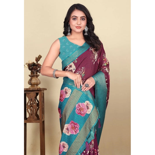 Women'S Cotton Blend Floral Printed Saree With Unstitched Blou