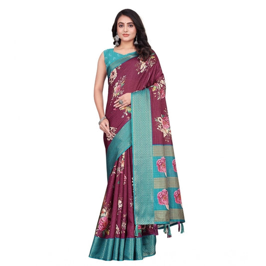 Women'S Cotton Blend Floral Printed Saree With Unstitched Blou