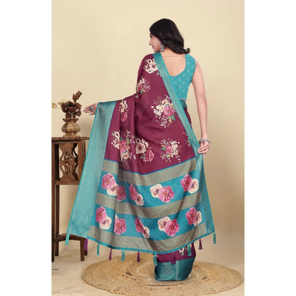 Women'S Cotton Blend Floral Printed Saree With Unstitched Blou