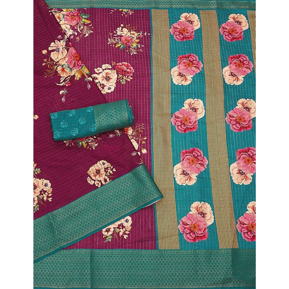 Women'S Cotton Blend Floral Printed Saree With Unstitched Blou