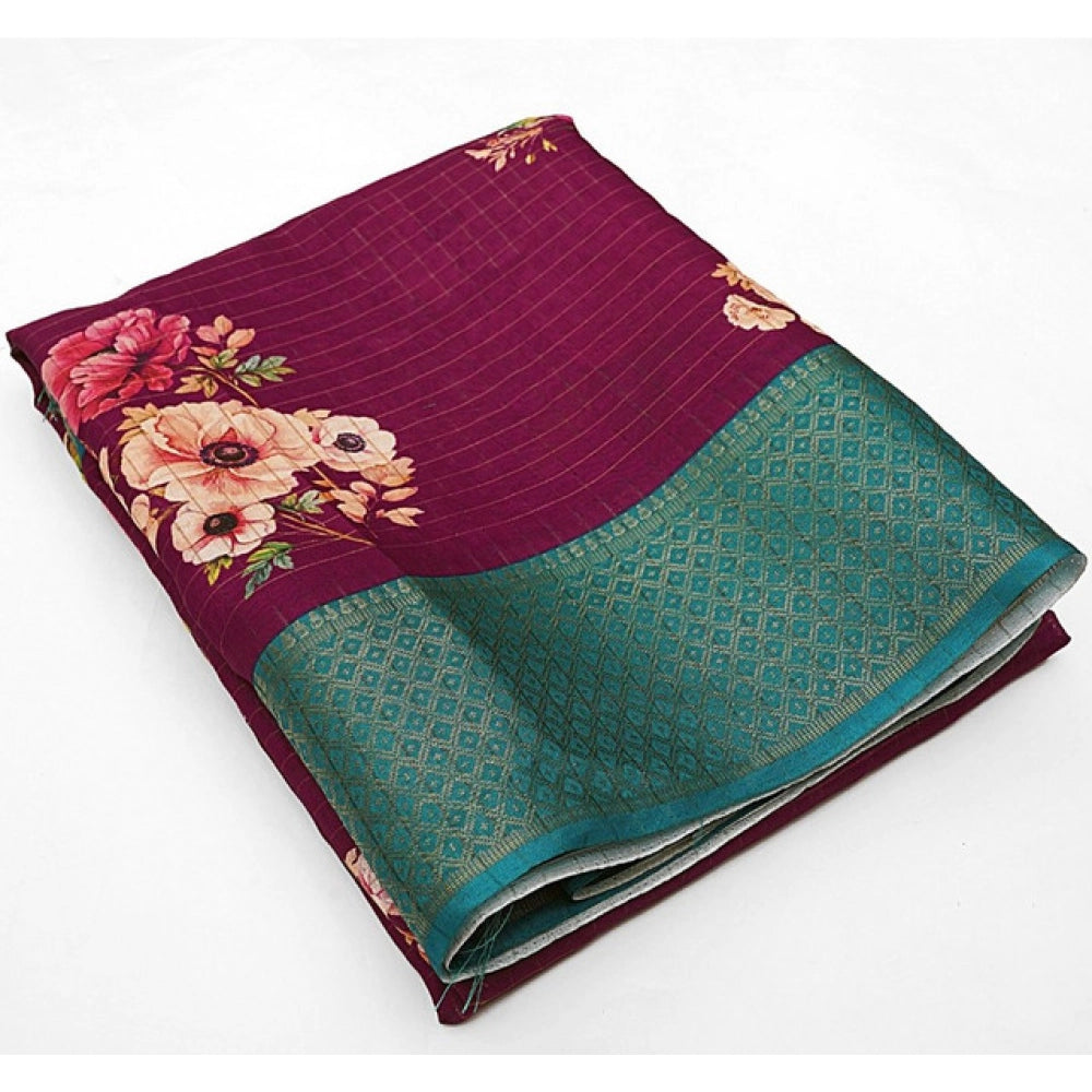 Women'S Cotton Blend Floral Printed Saree With Unstitched Blou