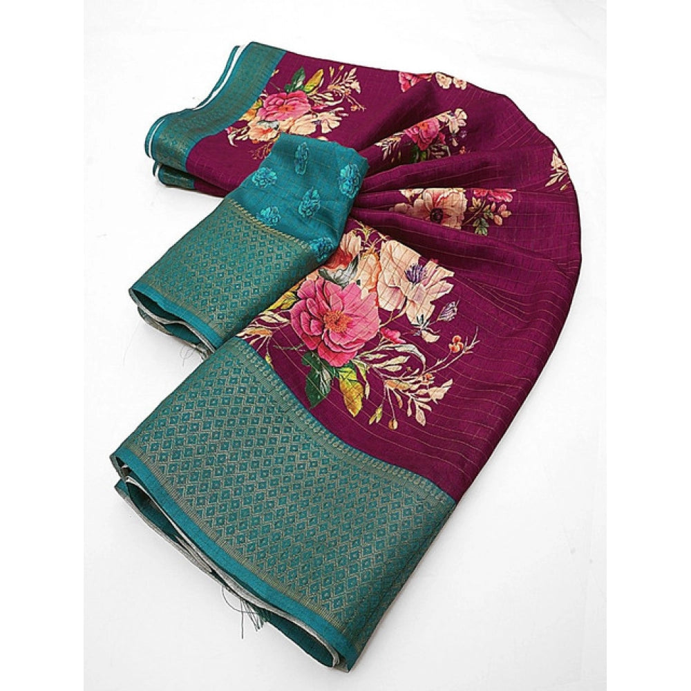 Women'S Cotton Blend Floral Printed Saree With Unstitched Blou
