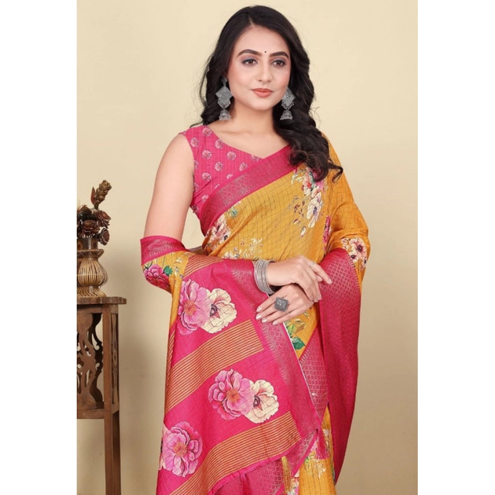 Women'S Cotton Blend Floral Printed Saree With Unstitched Blou