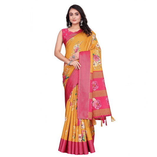 Women'S Cotton Blend Floral Printed Saree With Unstitched Blou