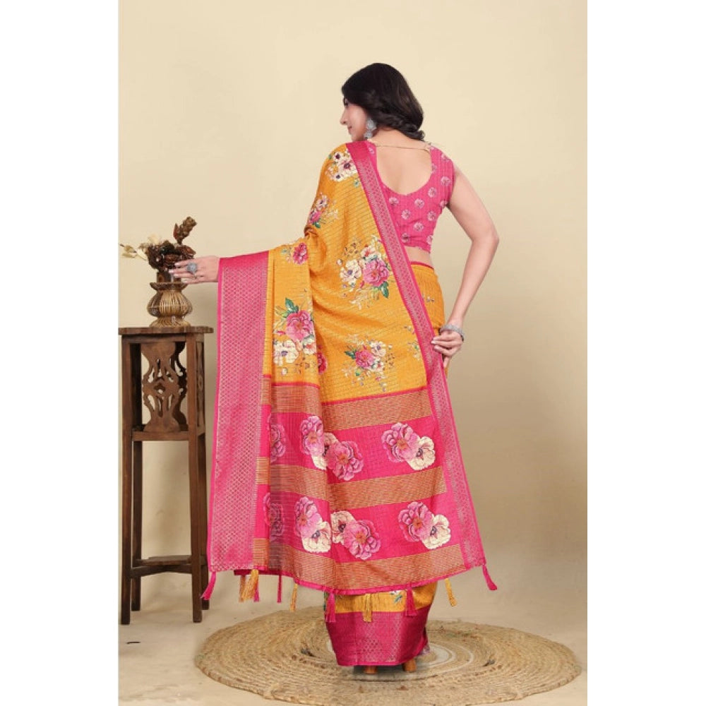 Women'S Cotton Blend Floral Printed Saree With Unstitched Blou