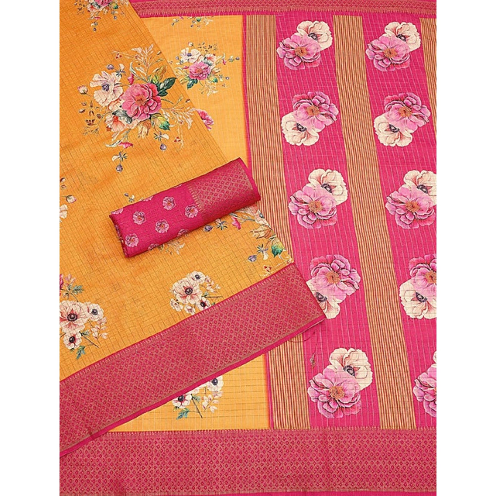 Women'S Cotton Blend Floral Printed Saree With Unstitched Blou