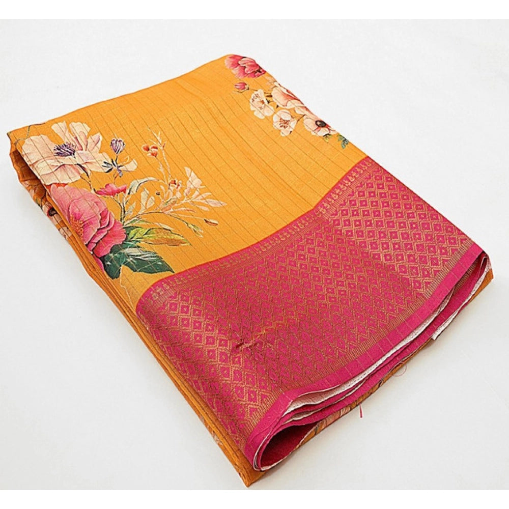 Women'S Cotton Blend Floral Printed Saree With Unstitched Blou
