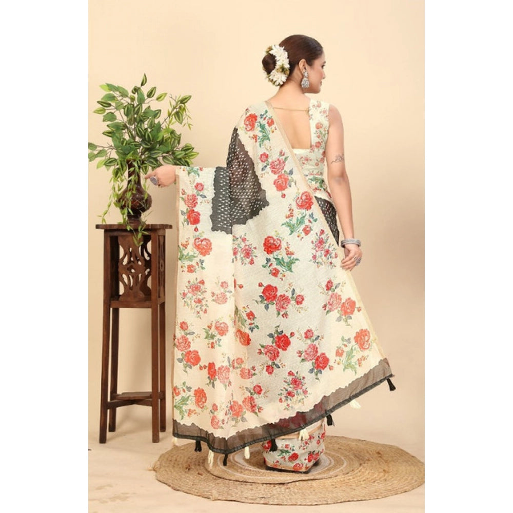 Women'S Chanderi Floral Printed Saree With Unstitched Blouse 5