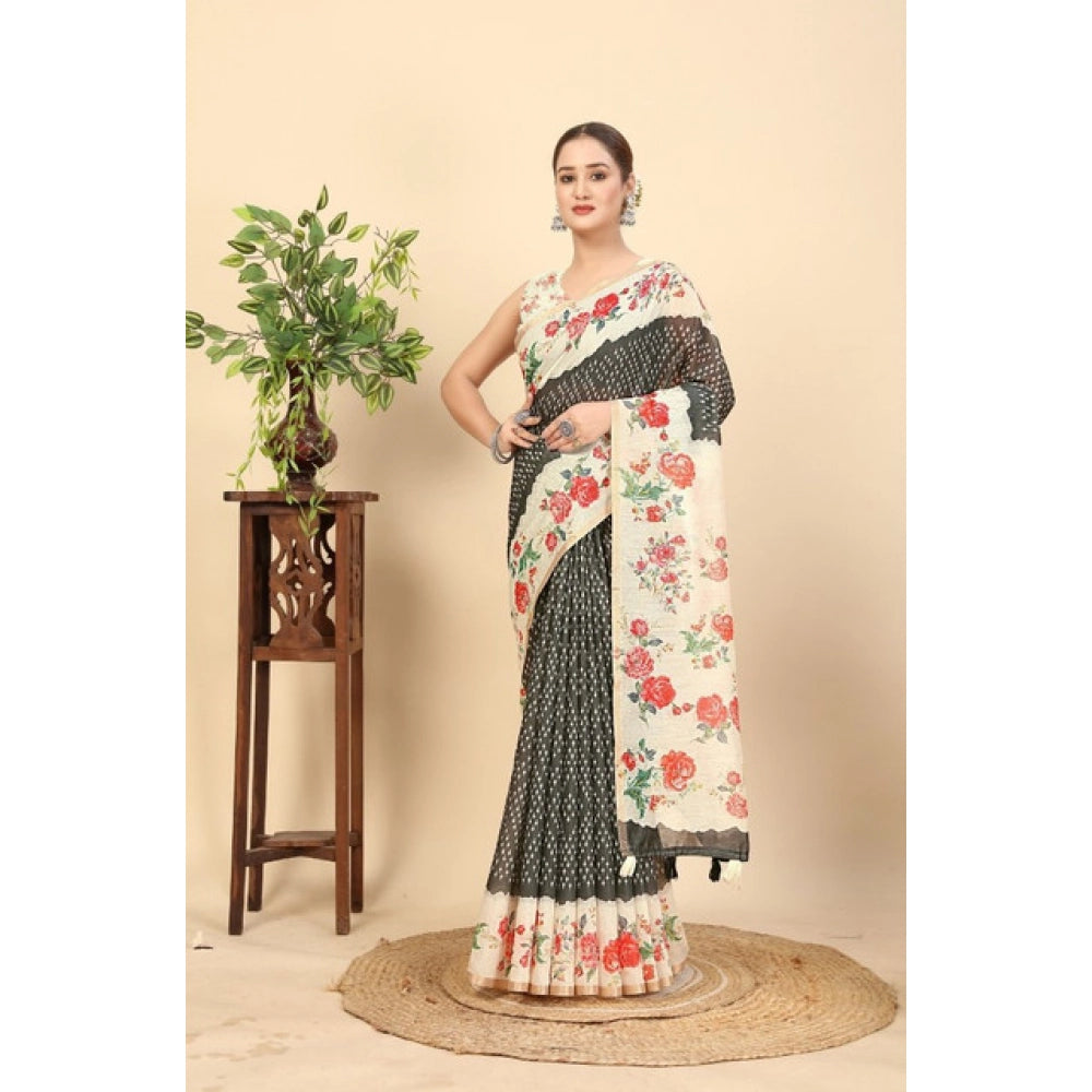 Women'S Chanderi Floral Printed Saree With Unstitched Blouse 5