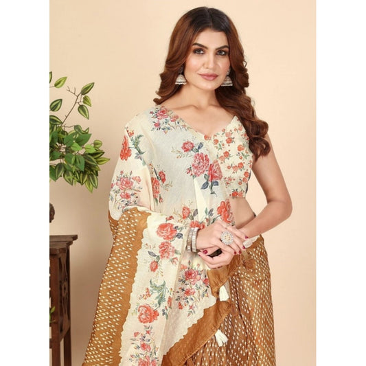 Women'S Cotton Silk Floral Printed Saree With Unstitched Blous