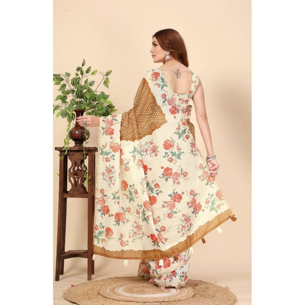Women'S Cotton Silk Floral Printed Saree With Unstitched Blous