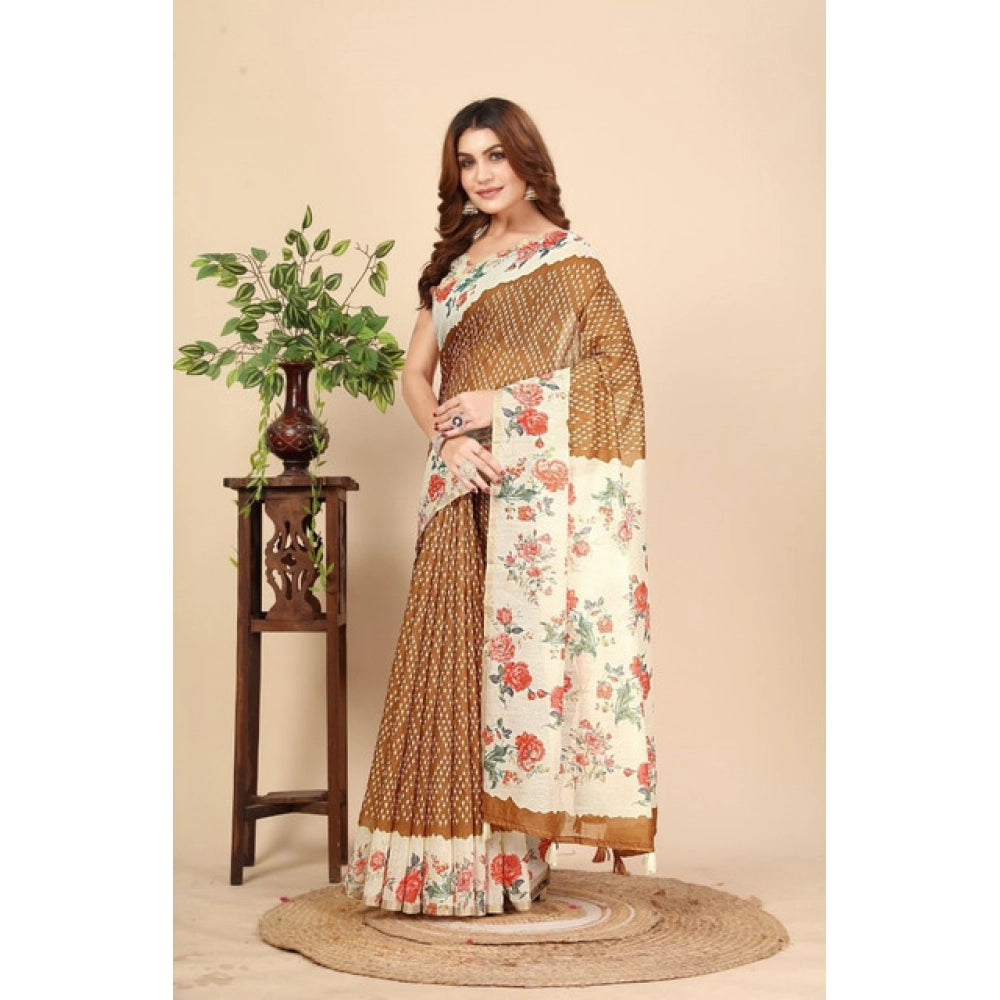 Women'S Cotton Silk Floral Printed Saree With Unstitched Blous