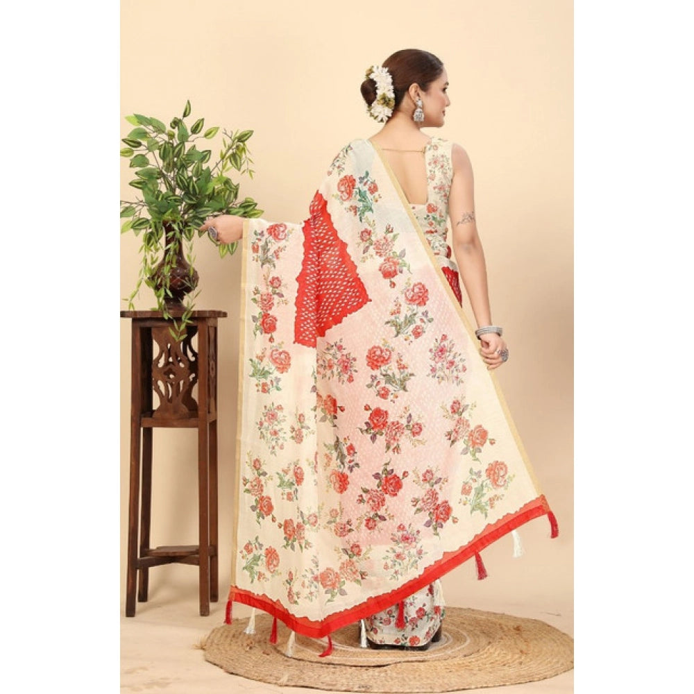 Women'S Chanderi Floral Printed Saree With Unstitched Blouse 5