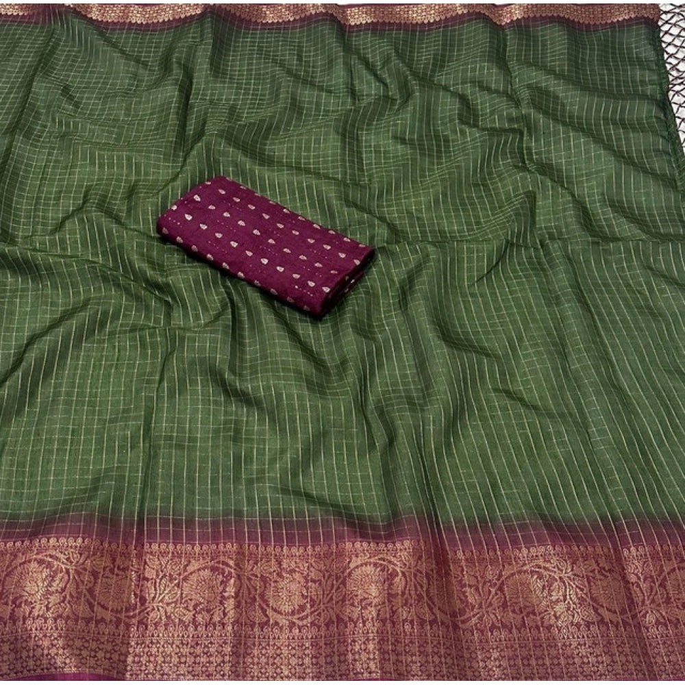 Women'S Cotton Blend Checkered Saree With Unstitched Blouse 5.