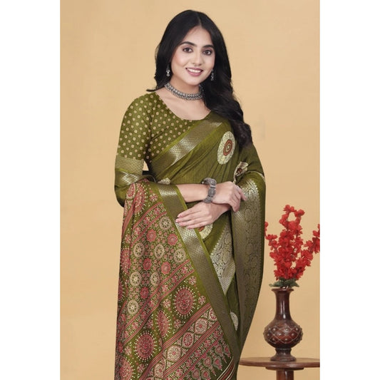 Women'S Art Silk Printed Saree With Unstitched Blouse 5.5Mtr (