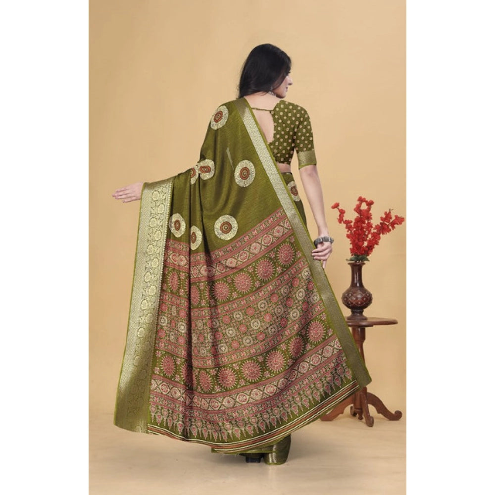 Women'S Art Silk Printed Saree With Unstitched Blouse 5.5Mtr (