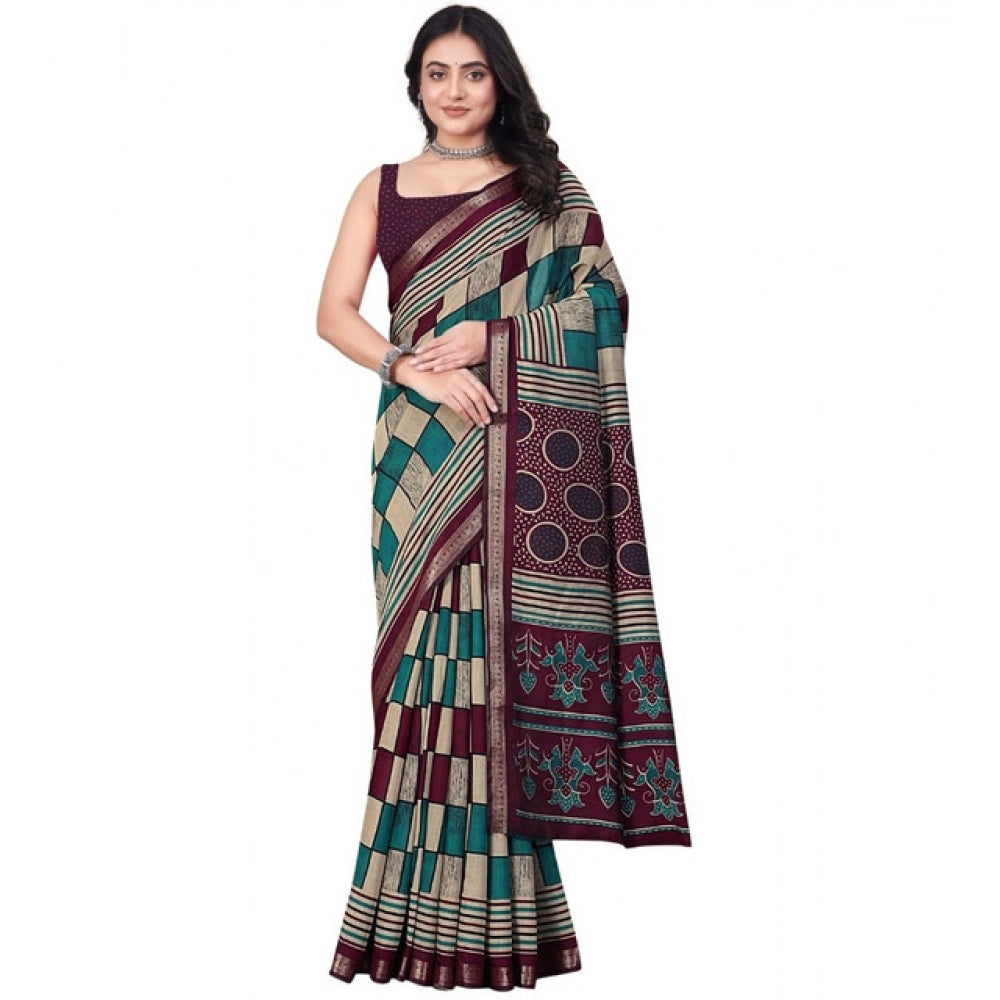 Women'S Dupion Silk Block Printed Saree With Unstitched Blouse