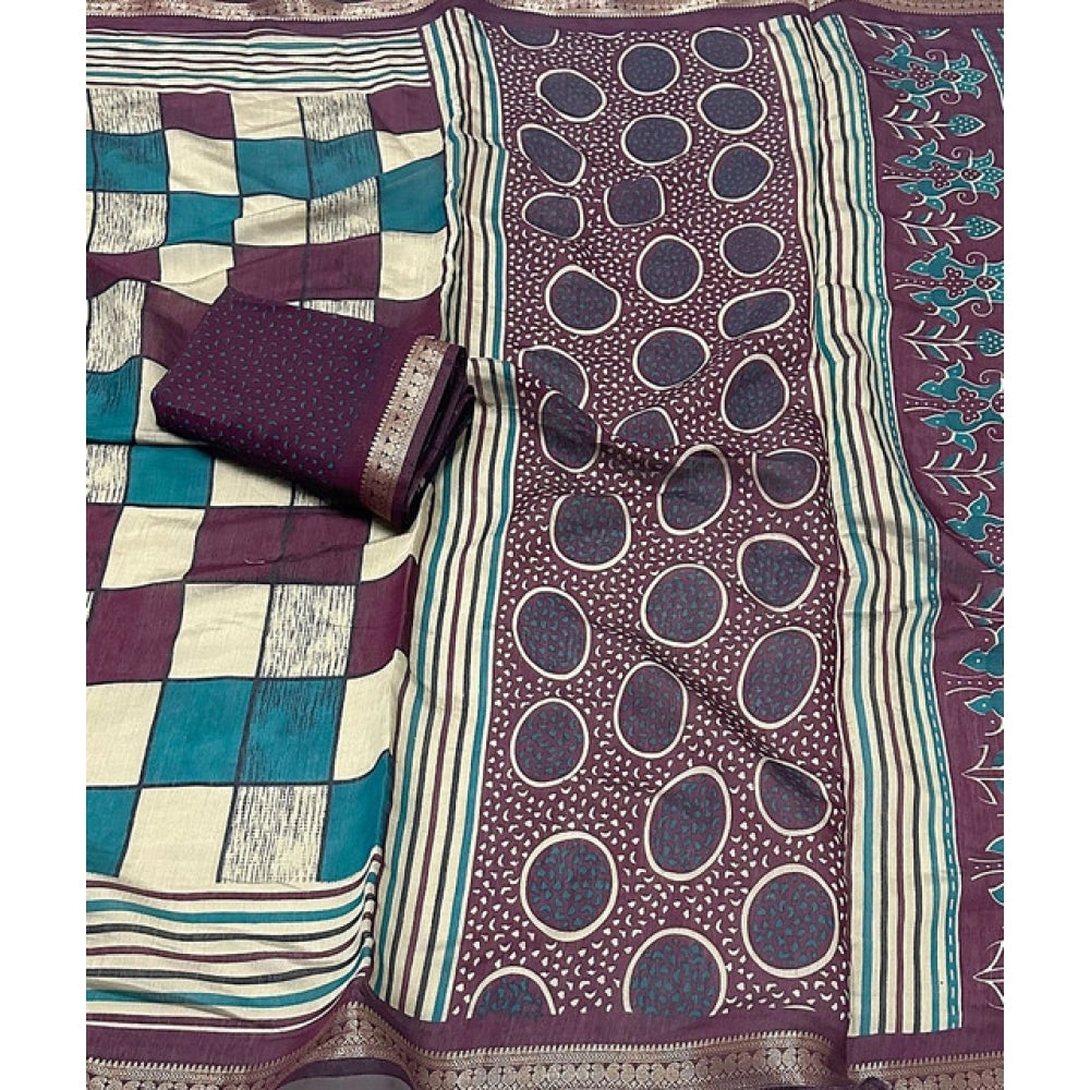 Women'S Dupion Silk Block Printed Saree With Unstitched Blouse