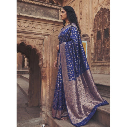 Women's Art Silk Printed Saree With Unstitched Blouse 5.5Mtr (Navy Blue)