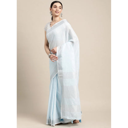 Women's Linen Cotton Striped Saree With Unstitched Blouse 5.5Mtr (Sky Blue)