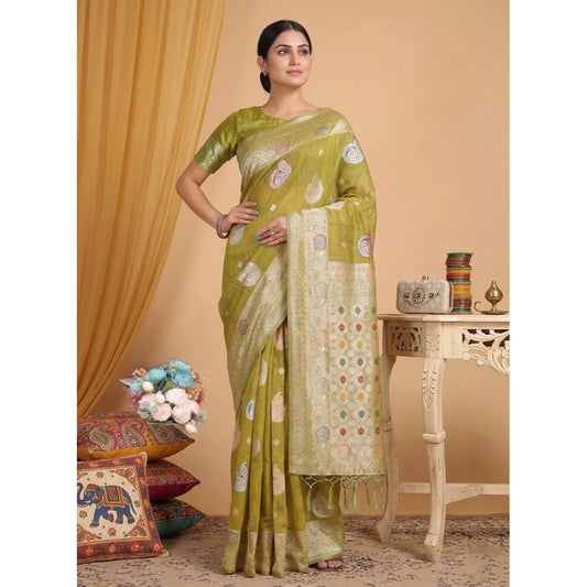 Women's Linen Cotton Printed Saree With Unstitched Blouse 5.5Mtr (Mustard)