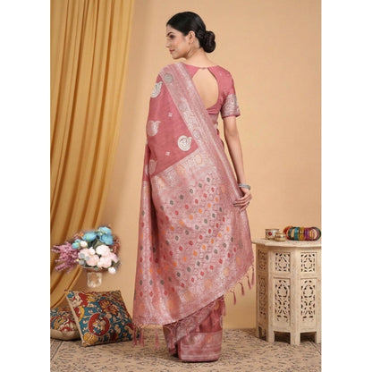 Women's Linen Cotton Printed Saree With Unstitched Blouse 5.5Mtr (Pink)