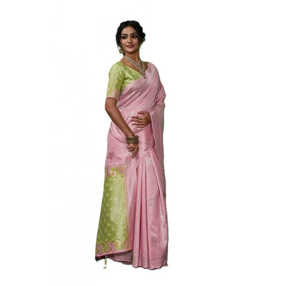 Women's Linen Cotton Printed Saree With Unstitched Blouse 5.5Mtr (Pink)