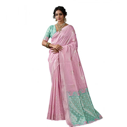 Women's Linen Cotton Printed Saree With Unstitched Blouse 5.5Mtr (Pastel Pink)