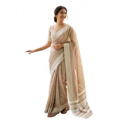 Women's Linen Striped Saree With Unstitched Blouse 5.5Mtr (Lite Brown)