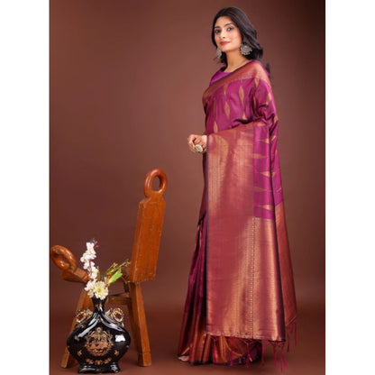 Women's Banarasi Silk Printed Saree With Unstitched Blouse 5.5Mtr (Purple)