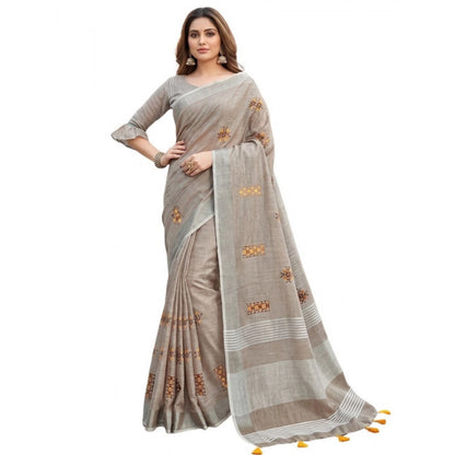 Women's Linen Embroidered Saree With Unstitched Blouse 5.5Mtr (Light Beige)