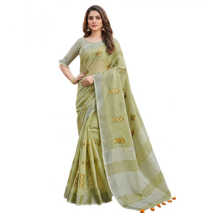 Women's Linen Embroidered Saree With Unstitched Blouse 5.5Mtr (Light Green)