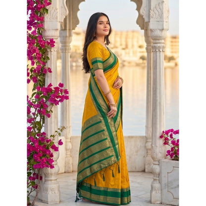 Women's Silk Blend Printed Saree With Unstitched Blouse 5.5Mtr (Yellow-Green)