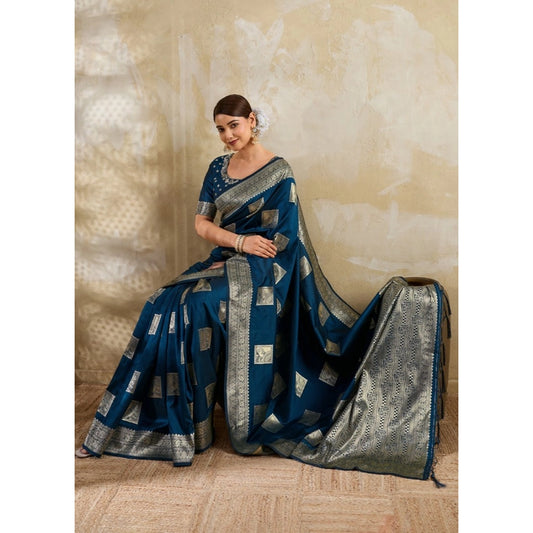 Women's Silk Blend Printed Saree With Unstitched Blouse 5.5Mtr (Teal Blue)