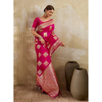 Women's Silk Blend Printed Saree With Unstitched Blouse 5.5Mtr (Magenta)