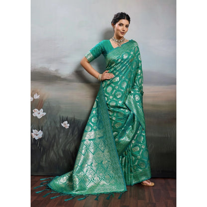 Women's Silk Blend Printed Saree With Unstitched Blouse 5.5Mtr (Rama Green)