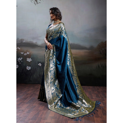 Women's Silk Blend Printed Saree With Unstitched Blouse 5.5Mtr (Navy Blue)