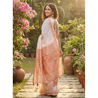 Women's Linen Cotton Printed Saree With Unstitched Blouse 5.5Mtr (White)
